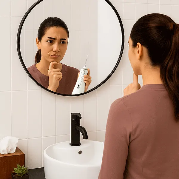 Mujer usando irrigador dental en el baño Waterpik