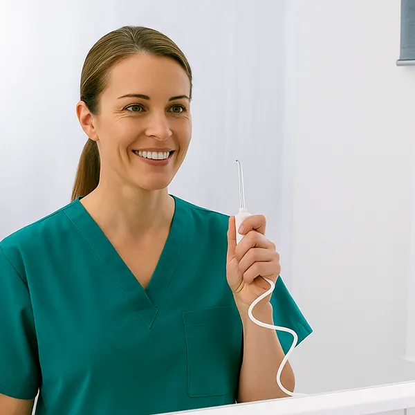 Mujer usando irrigador bucal Waterpik